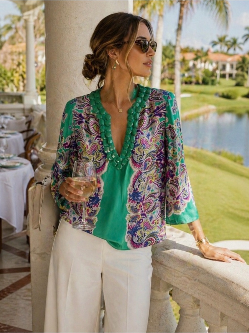 Tibi Silk Paisley Embellished Beaded Tunic Blouse Green Size 6